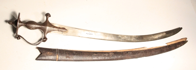 Indian Tulwar curved sword with relic scabbard