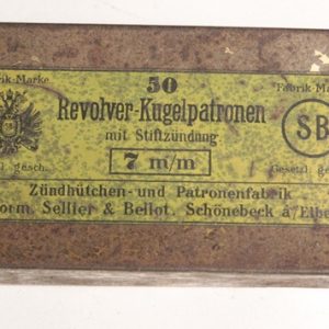 18 rounds 7mm pinfire ammunition in steel container